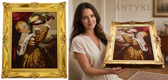 złota rama do obrazu w stylu Ludwika XV z gobelinem w eleganckim wnętrzu vintage